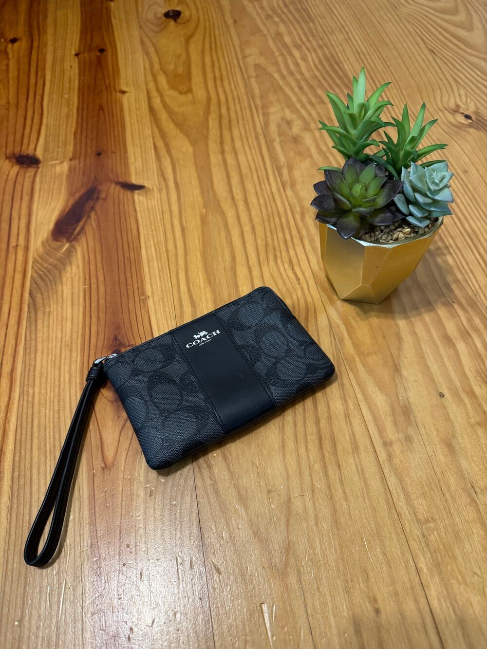 COACH Corner Zip Wristlet in Signature Coated Canvas Black Gray